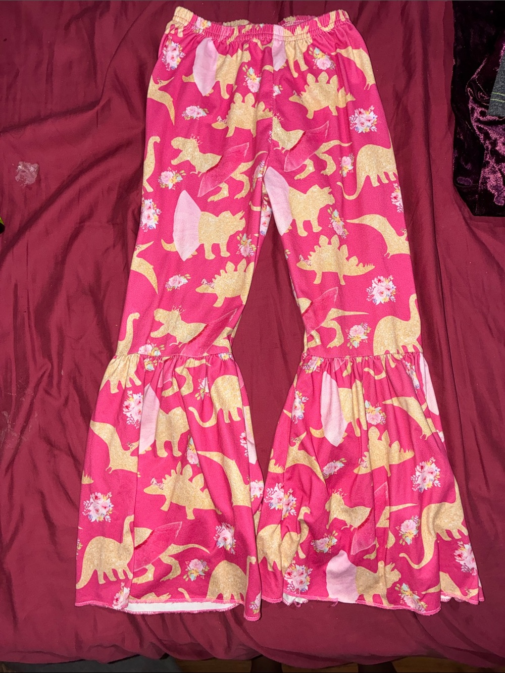Girls Pink Ruffle Bell-Bottom  Pants with Gold Dinosaur Print
